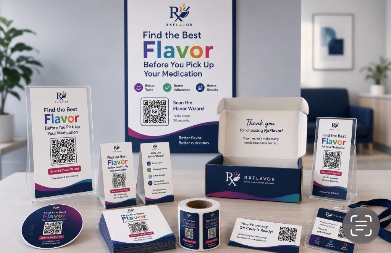 RxFlavor Professional Welcome Kit arranged on a pharmacy counter, including poster, counter sign, table tents, window cling, brochures, bag stickers, and staff badge.